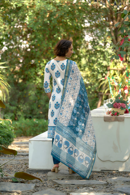 White Printed Cotton Kurta Set