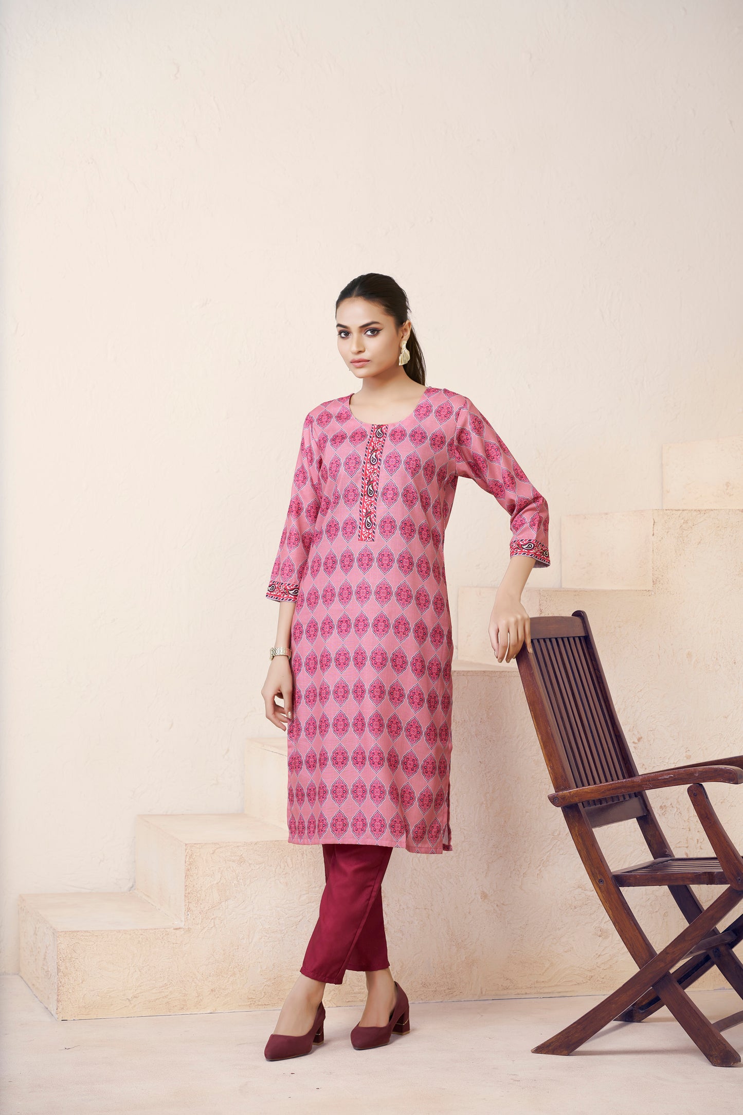 Libas Floral Printed Thread Work Band Collar Cotton Straight Kurta