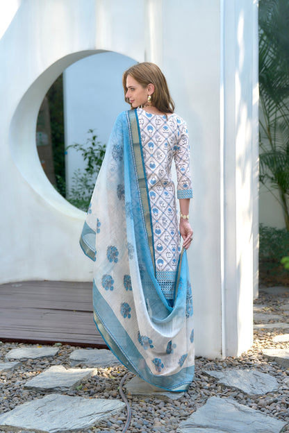 White Printed Cotton Kurta Set