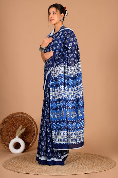 Royal Blue Handblock Print Saree – Timeless Ethnic Elegance
