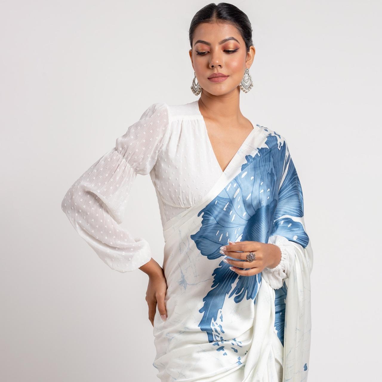 Pure Elegance in White & Green – Modern Floral Saree Look