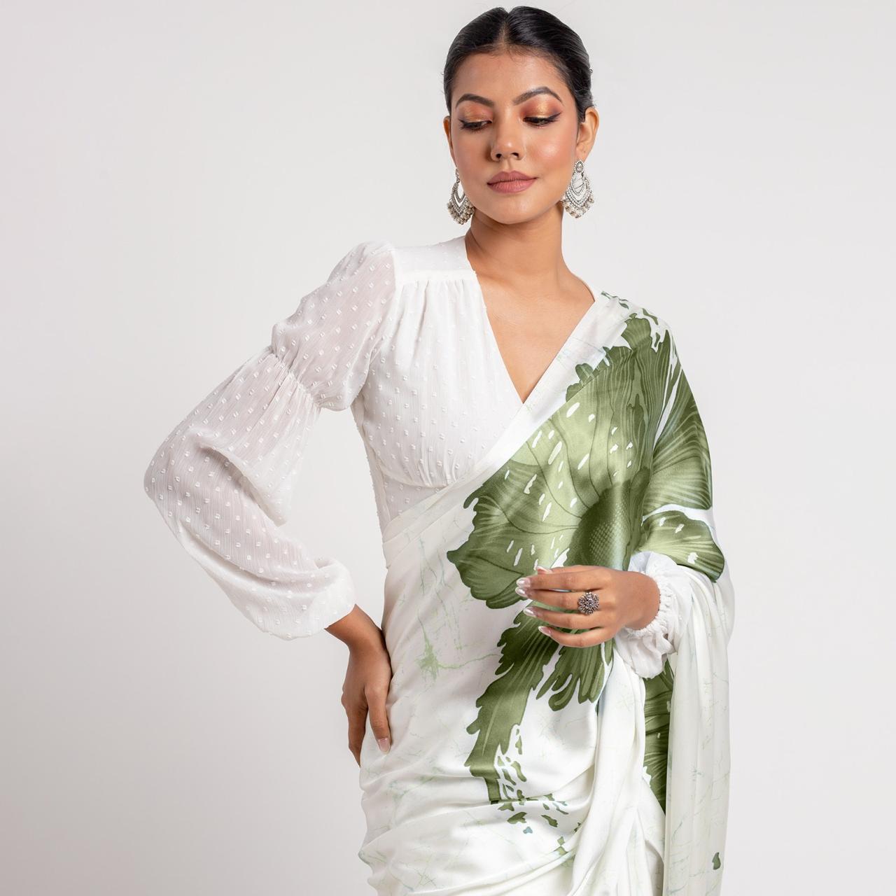 Pure Elegance in White & Green – Modern Floral Saree Look