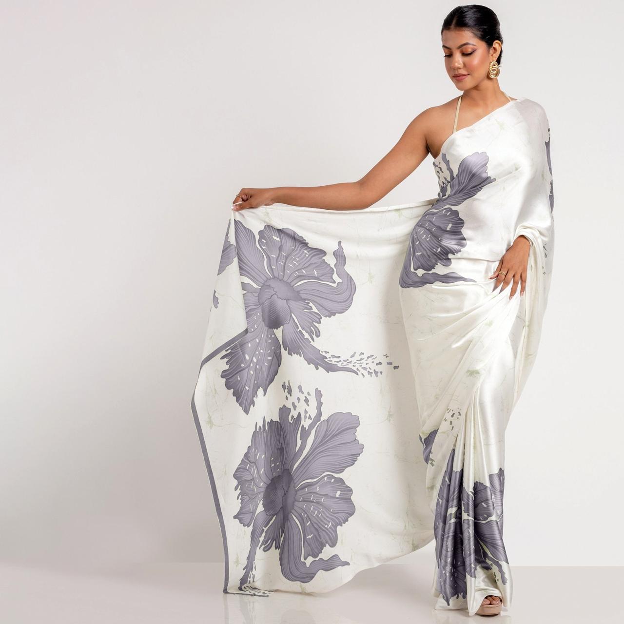 Pure Elegance in White & Green – Modern Floral Saree Look