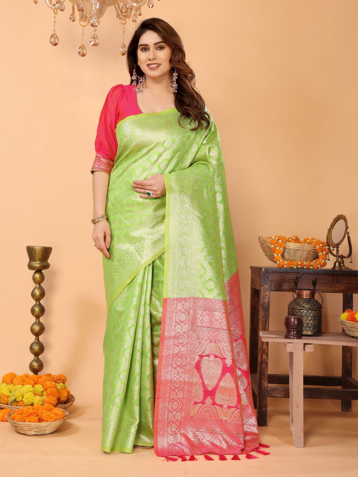 Parrot Green Banarasi Silk Saree with Coral Pink Pallu & Zari Weaving – Festive Traditional Wear