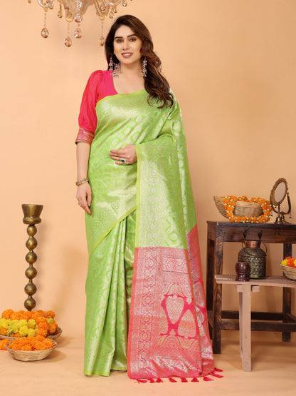 Parrot Green Banarasi Silk Saree with Coral Pink Pallu & Zari Weaving – Festive Traditional Wear