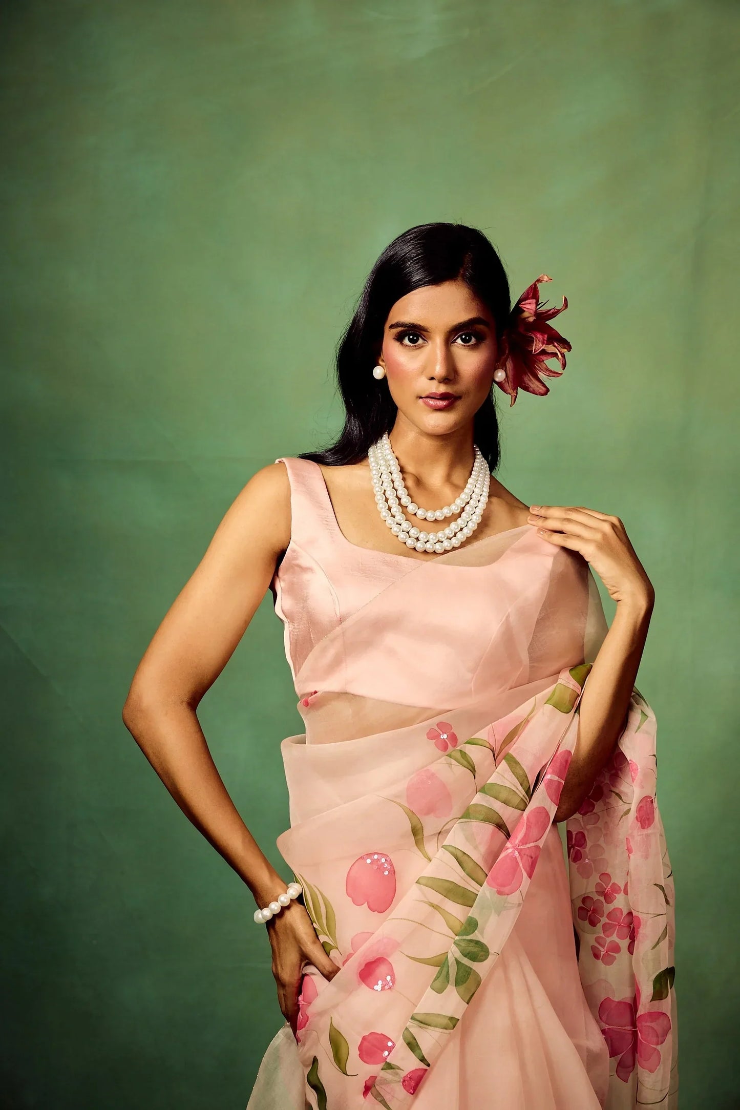 Blush Pink Pure Organza Saree with Hand-Painted White Floral Motifs and Sequin Detailing