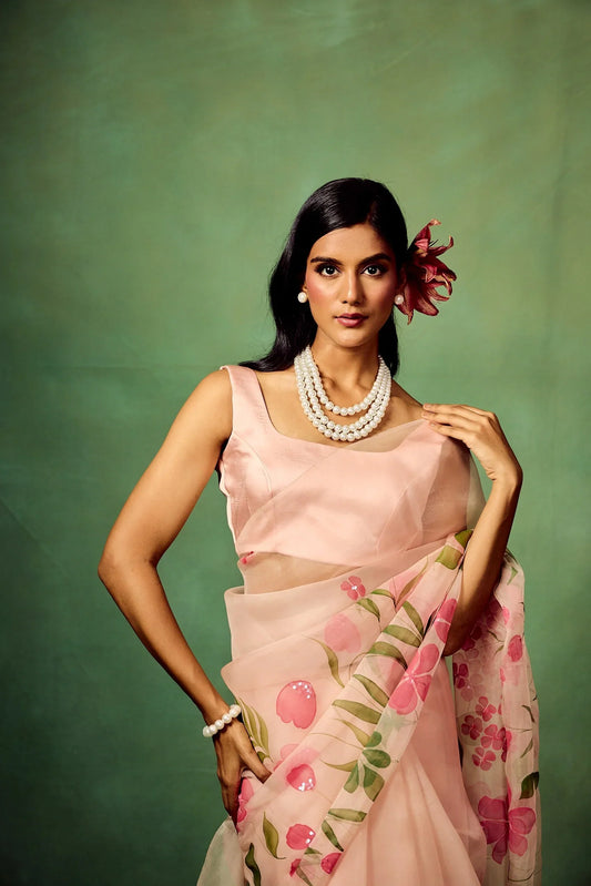 Blush Pink Pure Organza Saree with Hand-Painted White Floral Motifs and Sequin Detailing