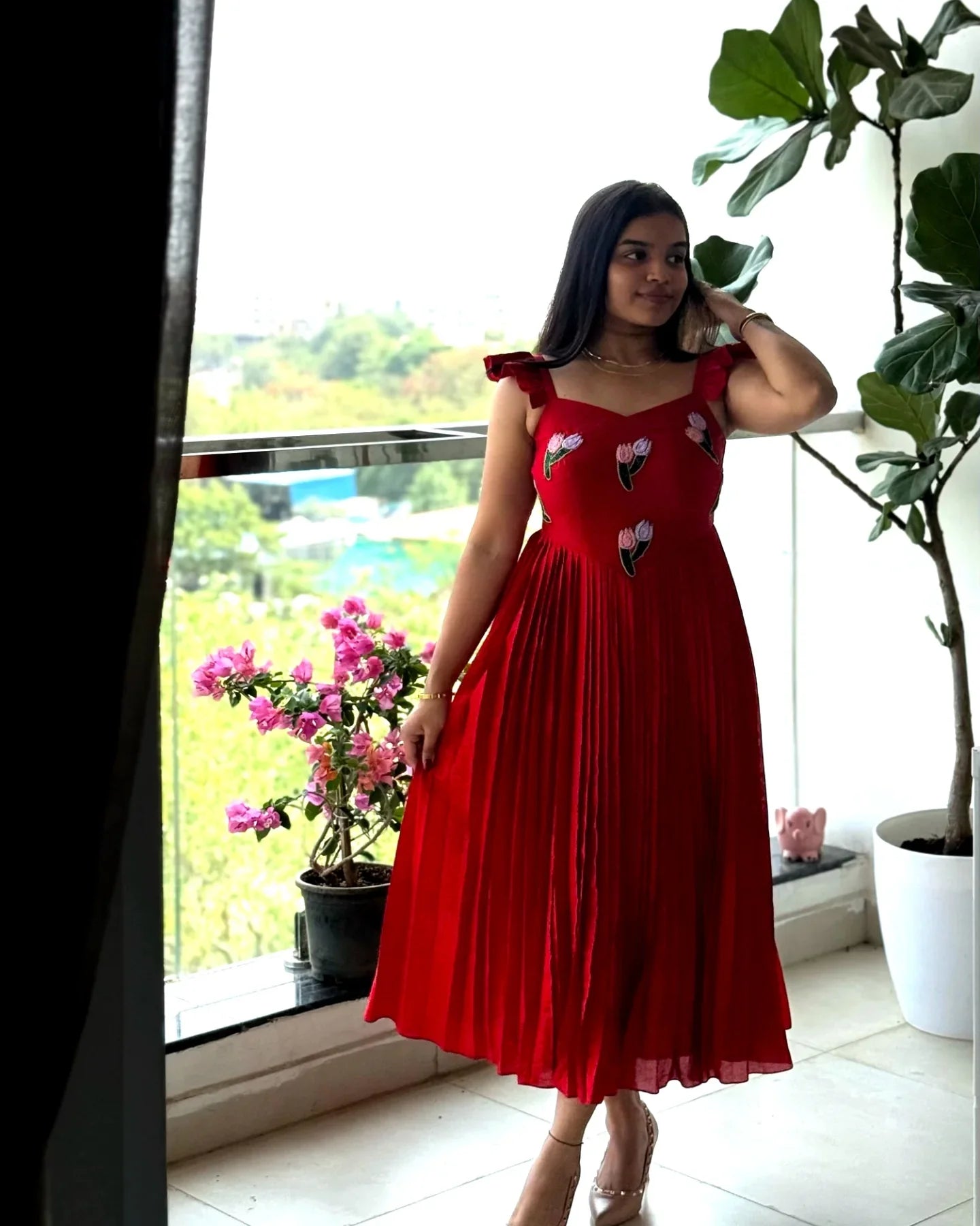 Red Vichitra Silk Handwork Maxi Dress with Beads & Kardana Embroidery Ethnic Party Wear Gown