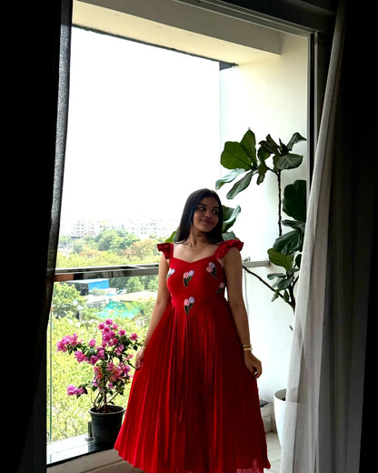 Red Vichitra Silk Handwork Maxi Dress with Beads & Kardana Embroidery Ethnic Party Wear Gown