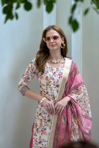 White Printed Cotton Kurta Set