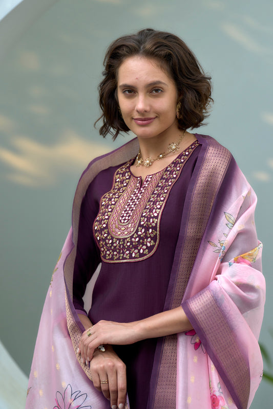 Plum Embroidered Kurta Set