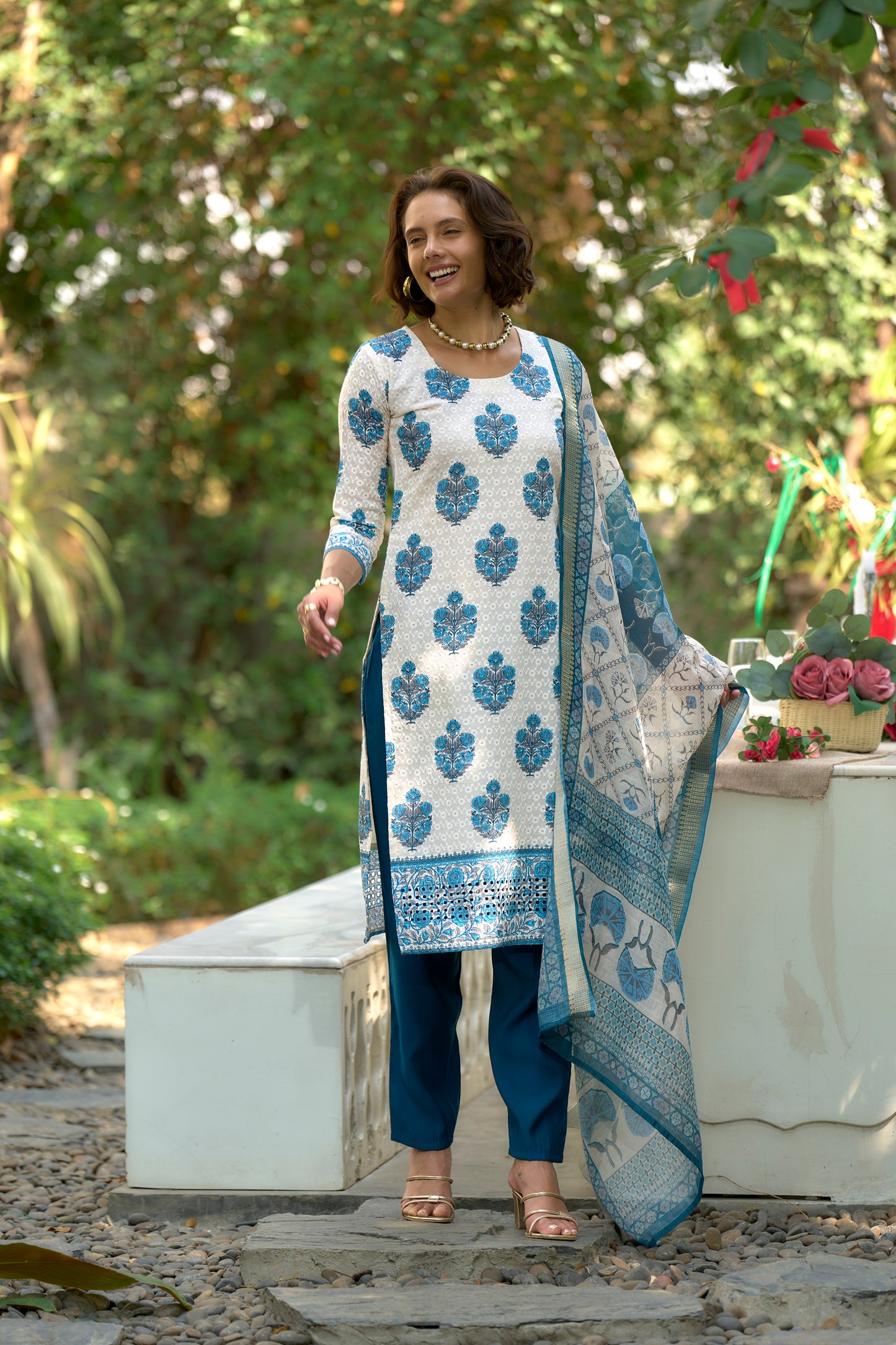 White Printed Cotton Kurta Set