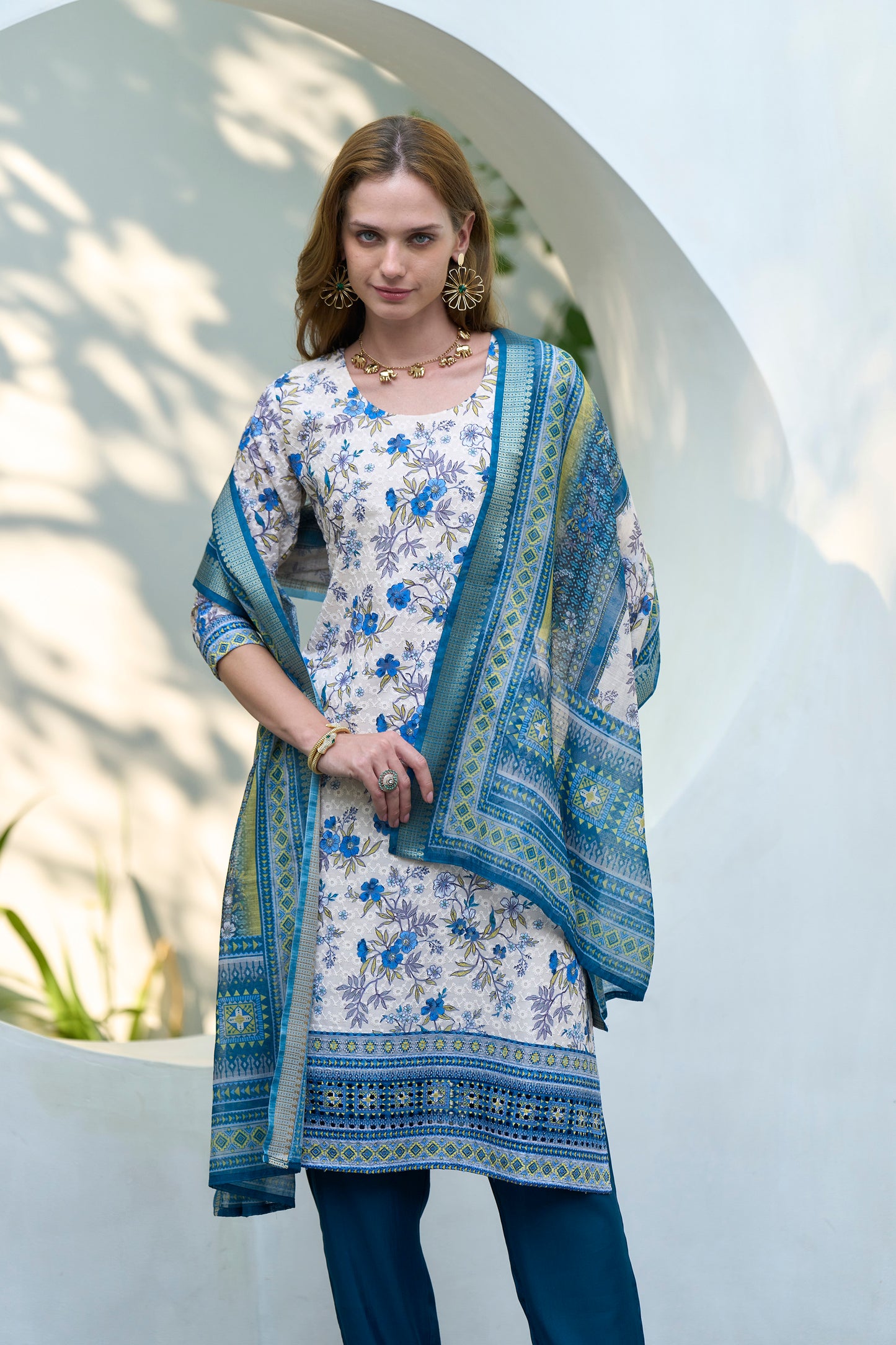 White Cotton Printed Kurta Set