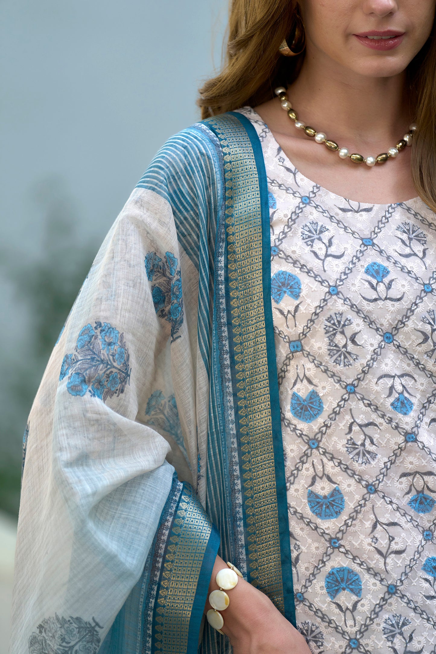 White Printed Cotton Kurta Set