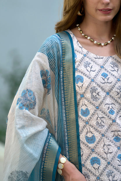 White Printed Cotton Kurta Set