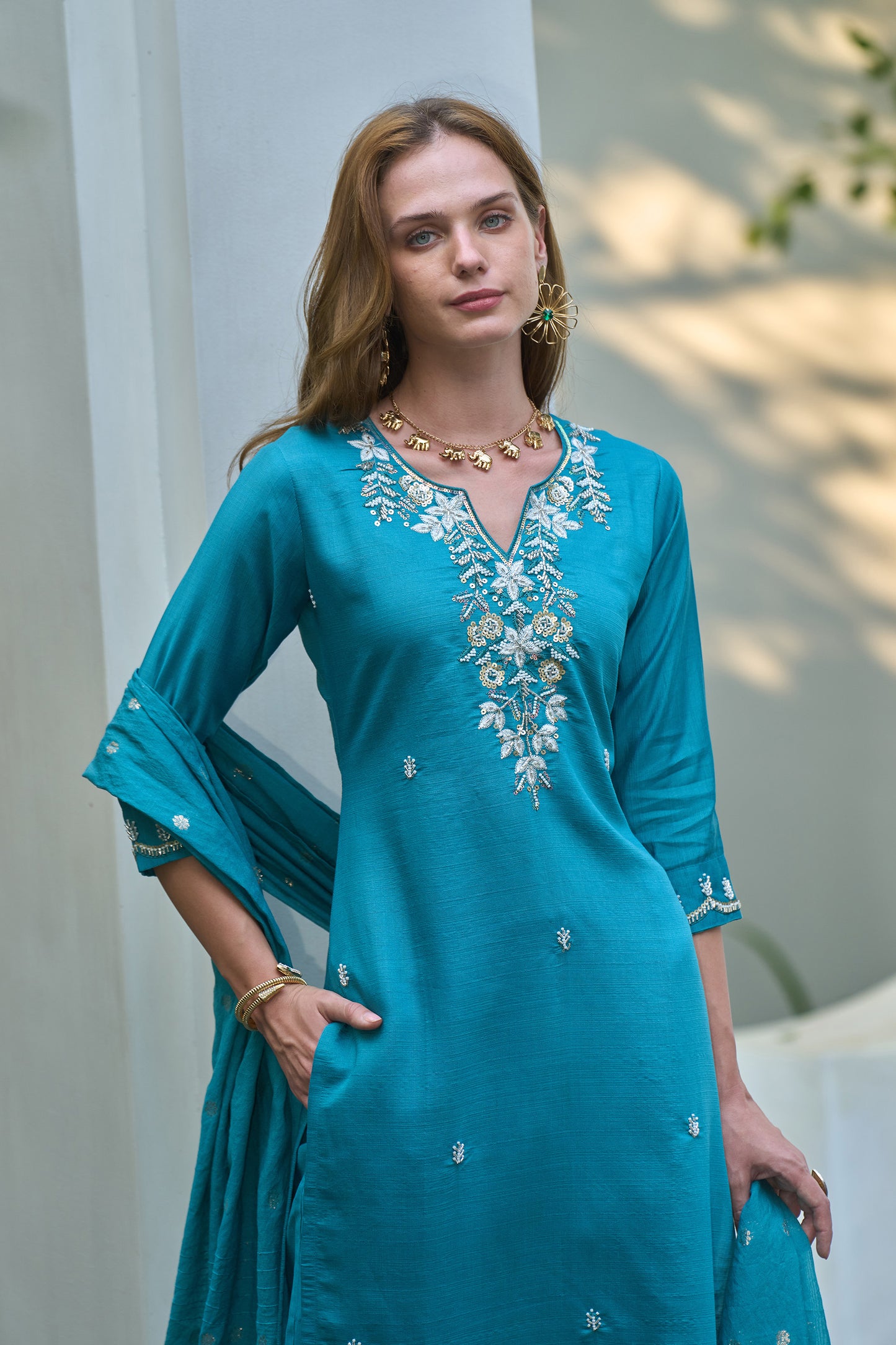Teal Blue Embroidered Kurta Set