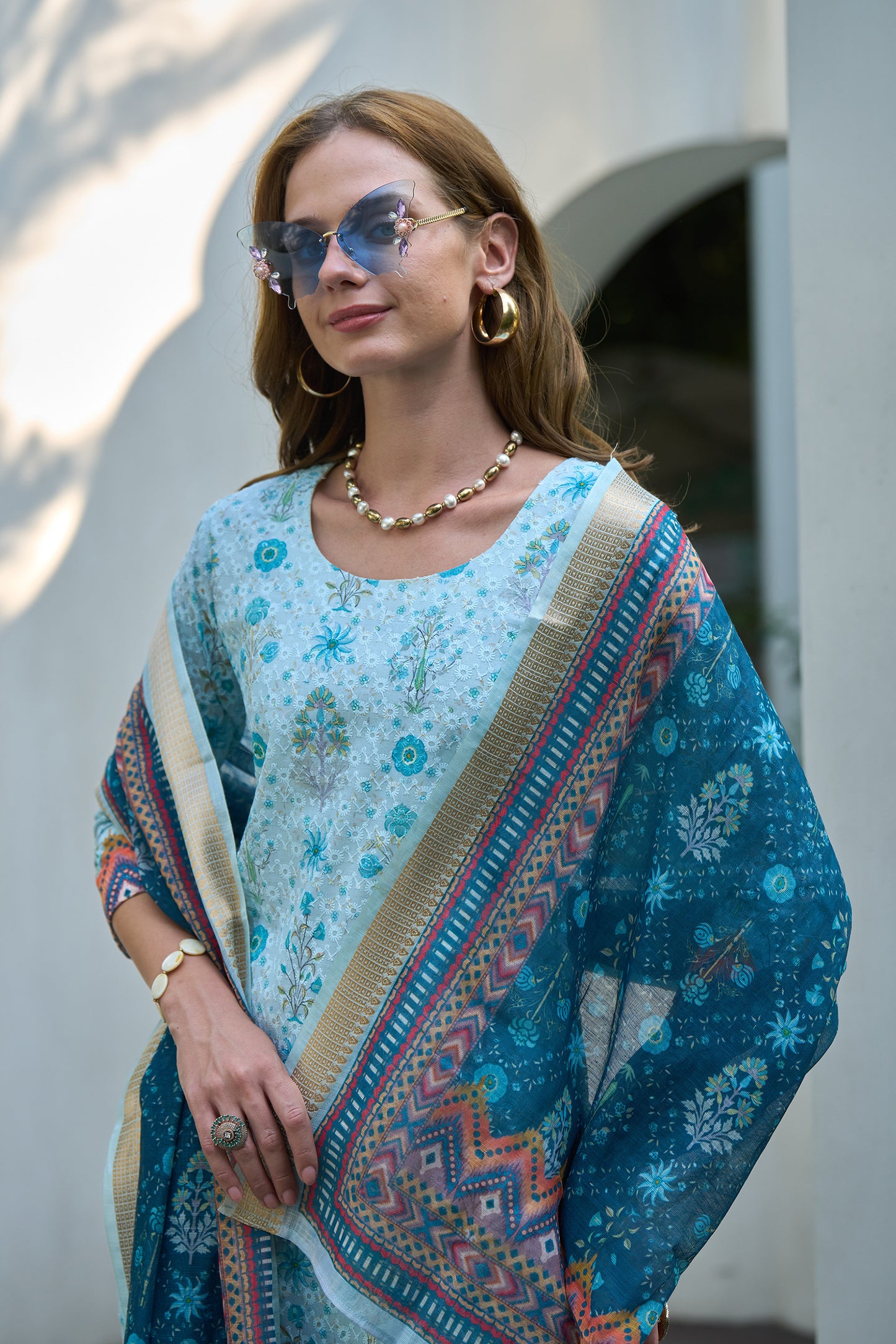 Sky Blue Cotton Printed Kurta Set