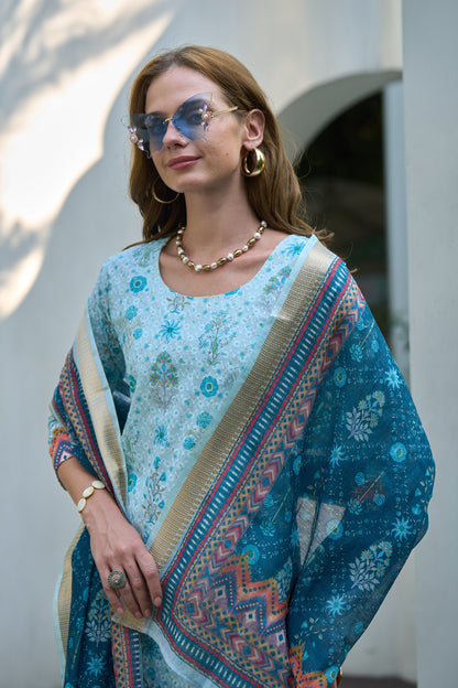 Sky Blue Cotton Printed Kurta Set