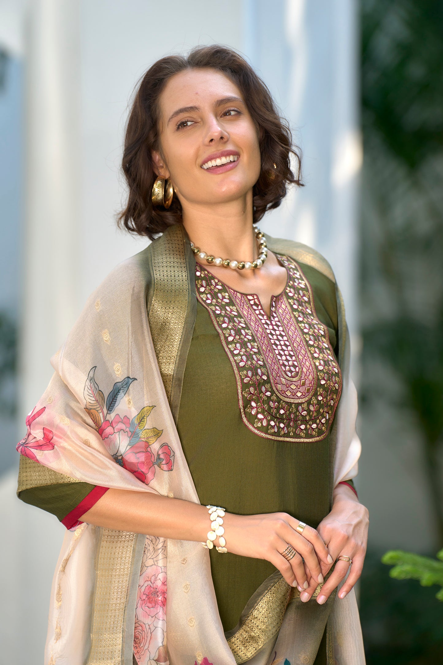 Olive Green Embroidered Kurta Set