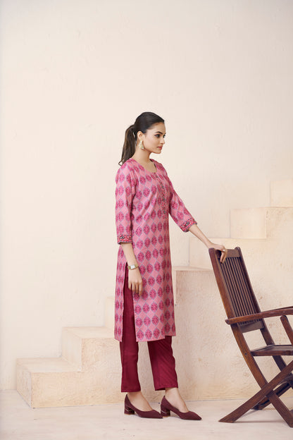 Libas Floral Printed Thread Work Band Collar Cotton Straight Kurta