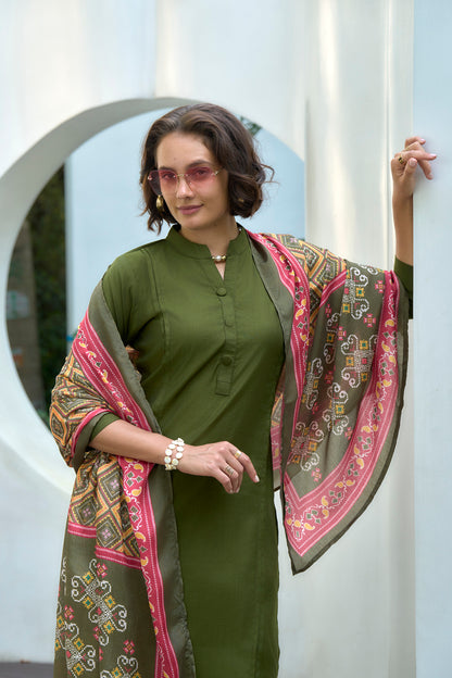 Olive Green Kurta Set with Geometric Printed Dupatta