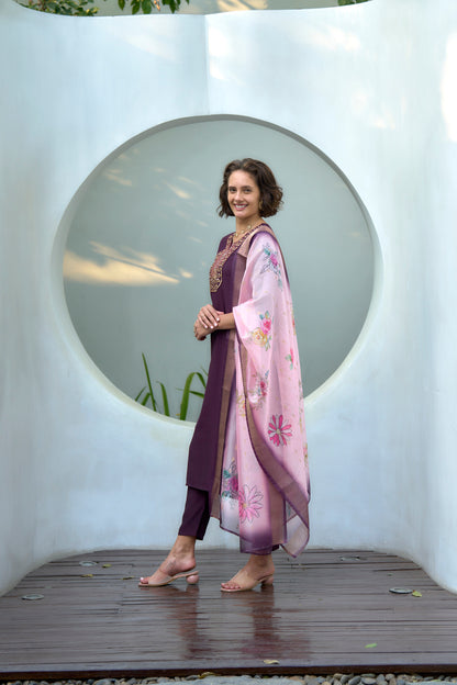 Plum Embroidered Kurta Set