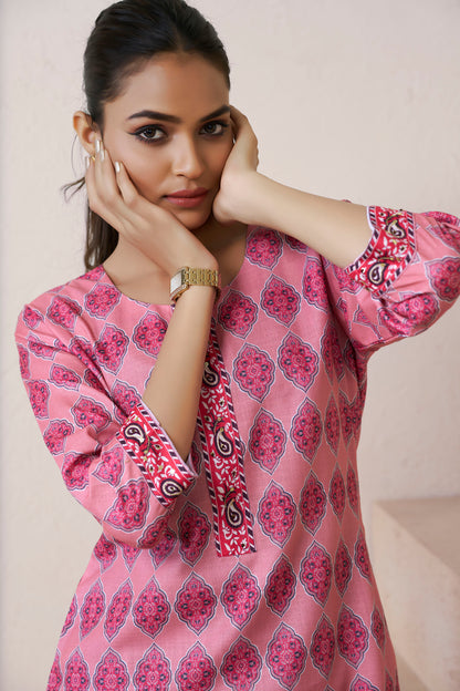 Libas Floral Printed Thread Work Band Collar Cotton Straight Kurta