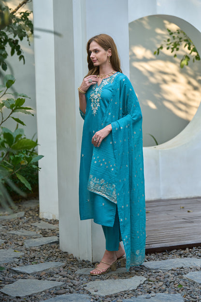 Teal Blue Embroidered Kurta Set