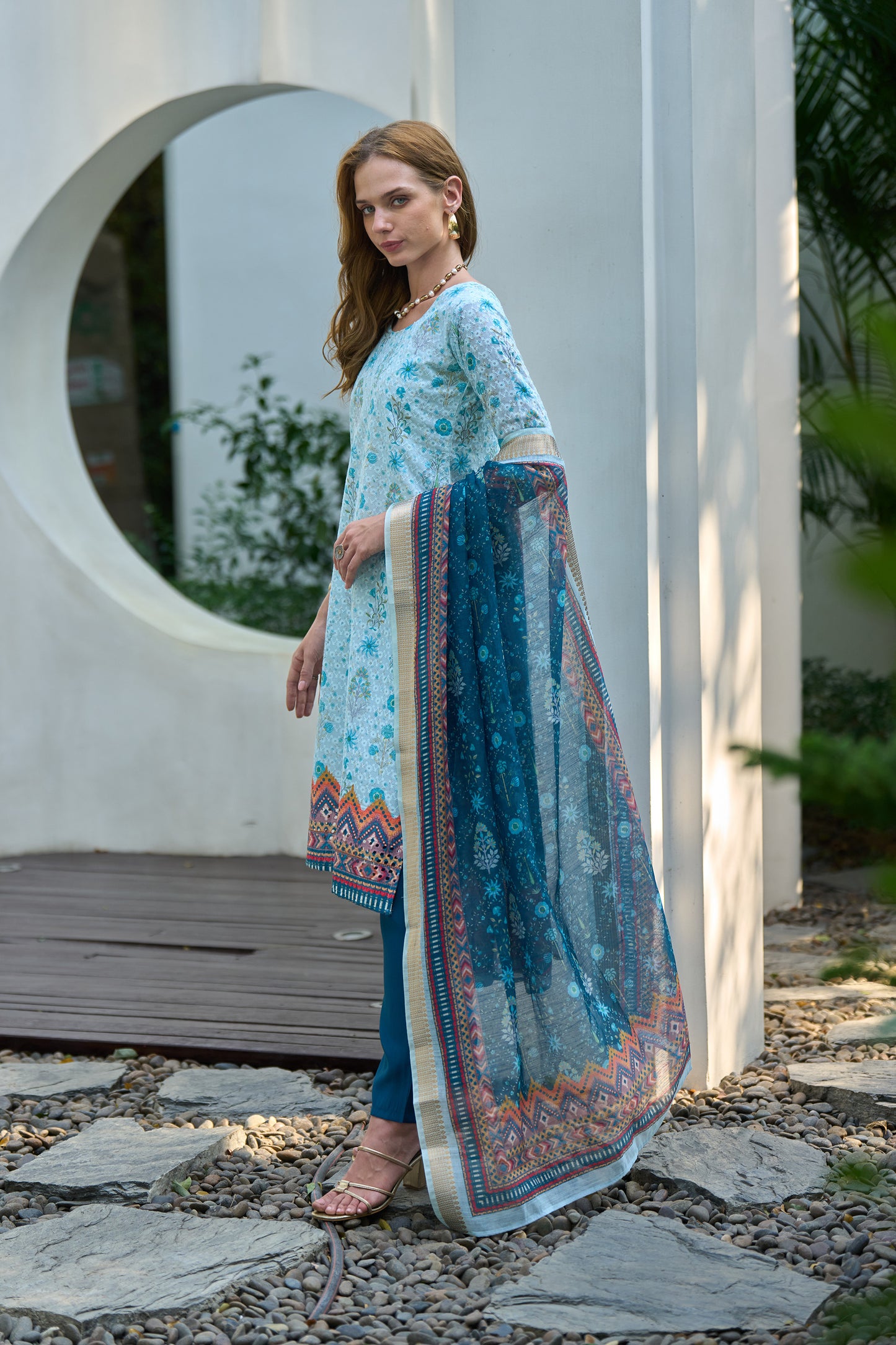 Sky Blue Cotton Printed Kurta Set