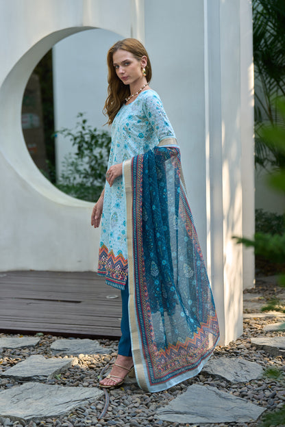 Sky Blue Cotton Printed Kurta Set