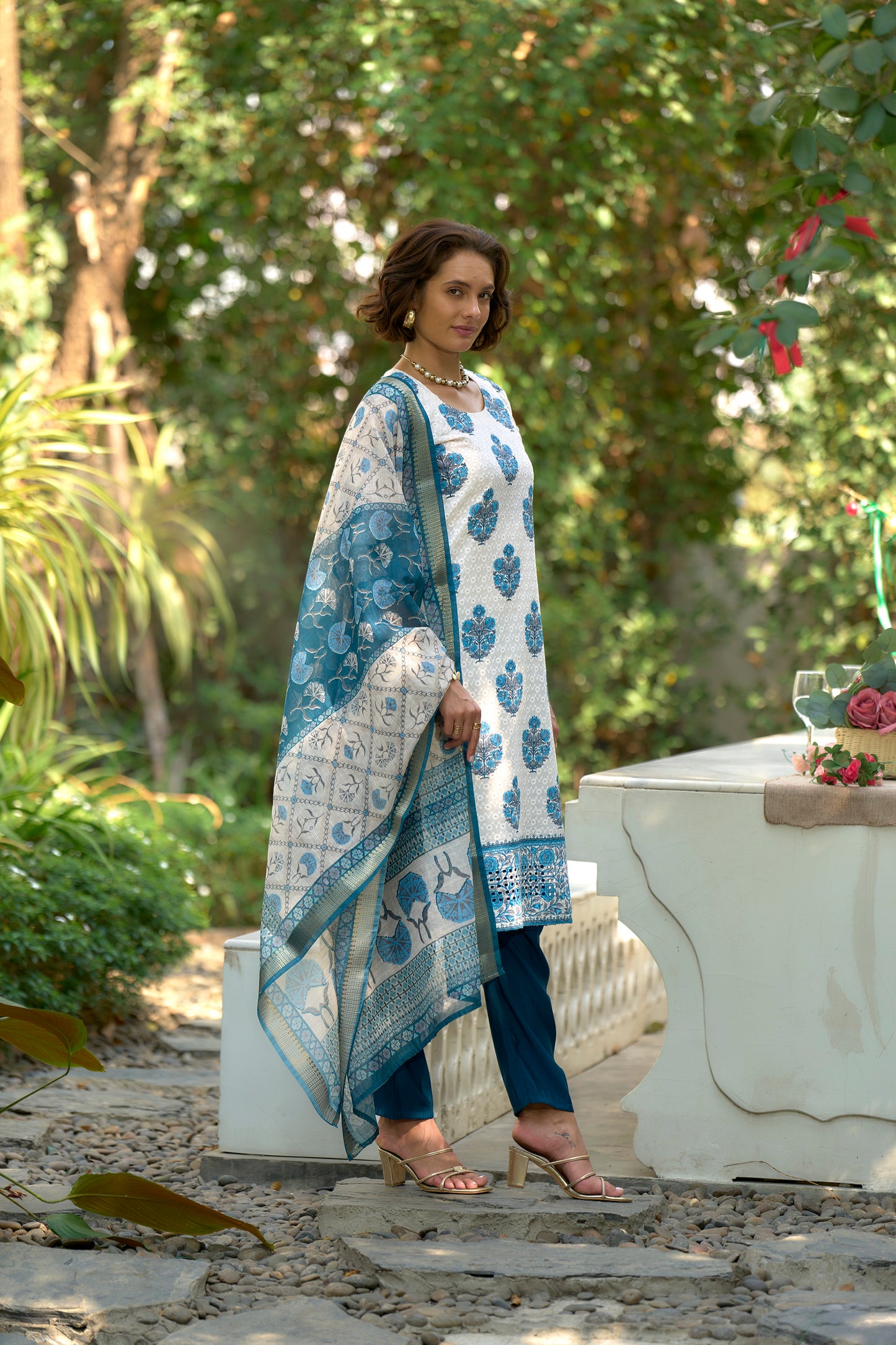 White Printed Cotton Kurta Set