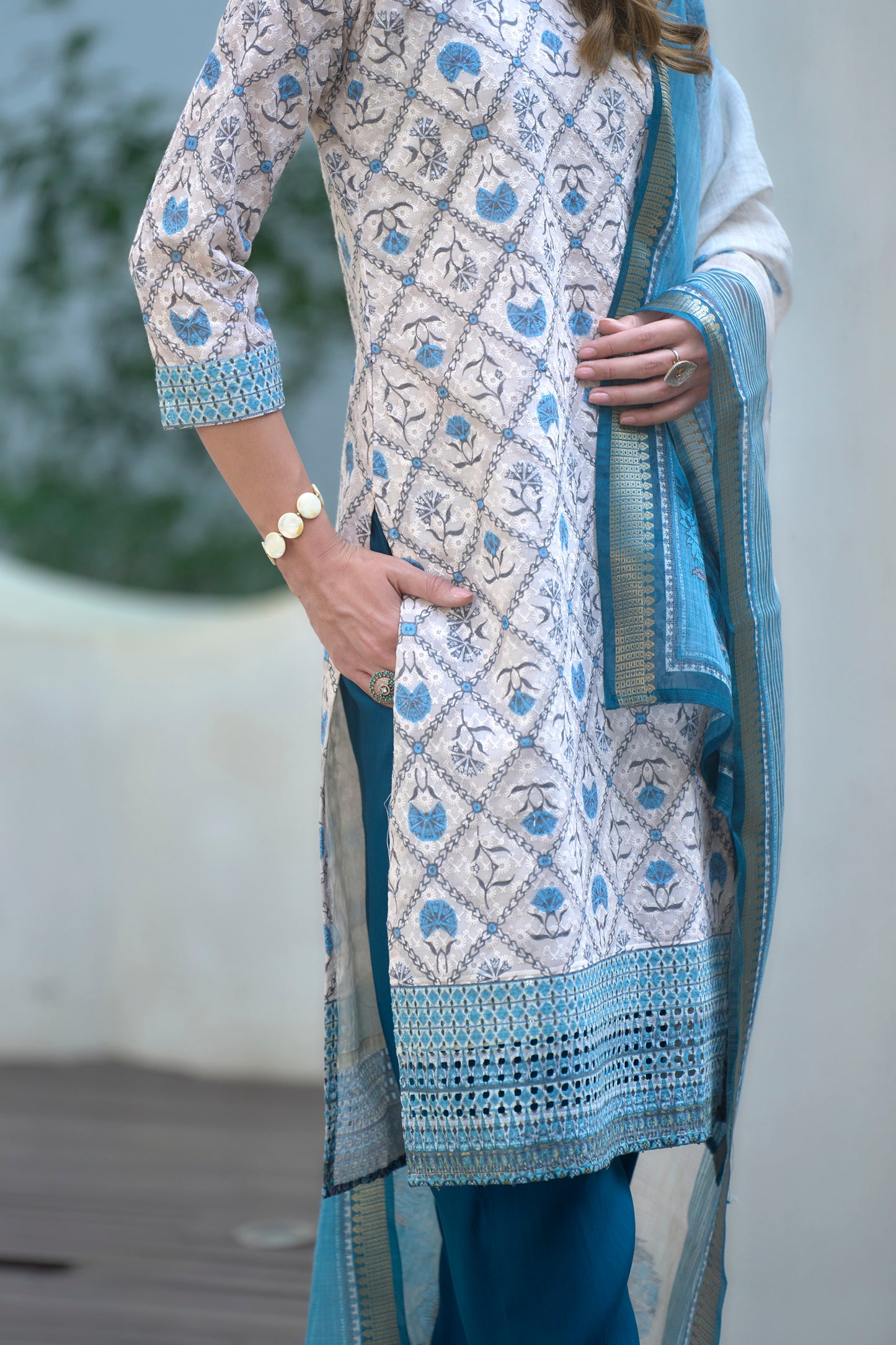 White Printed Cotton Kurta Set