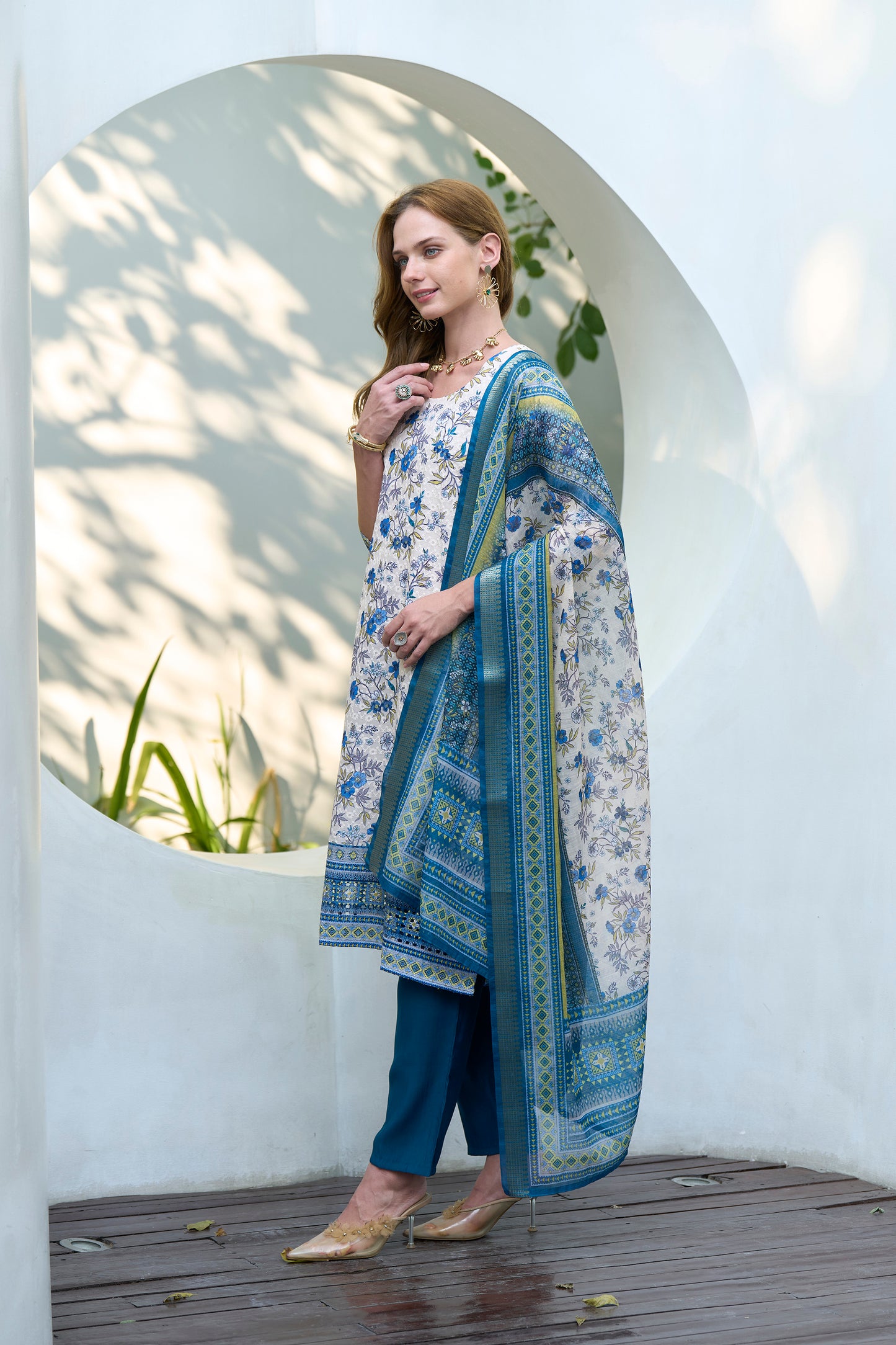 White Cotton Printed Kurta Set