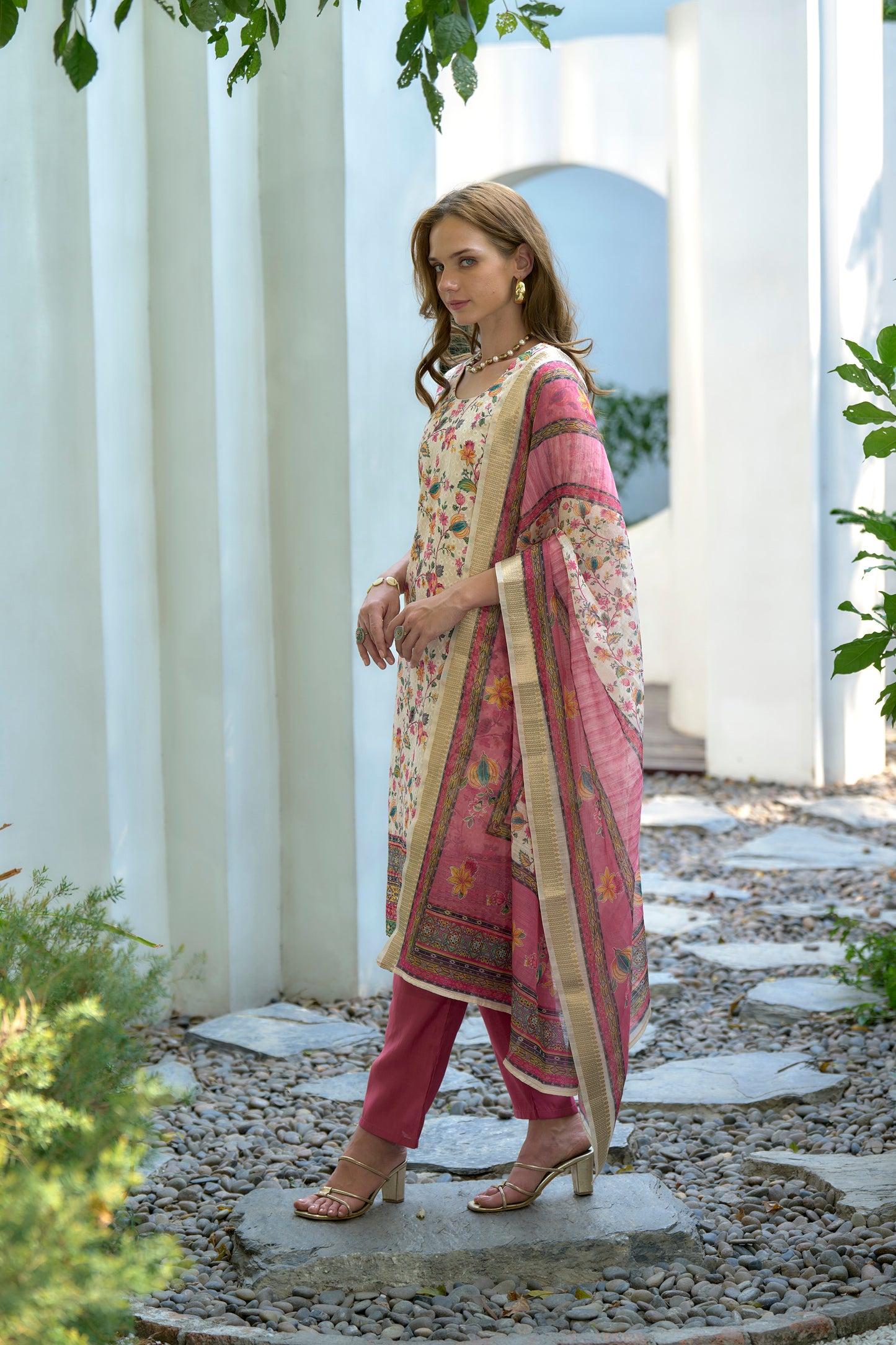 White Printed Cotton Kurta Set