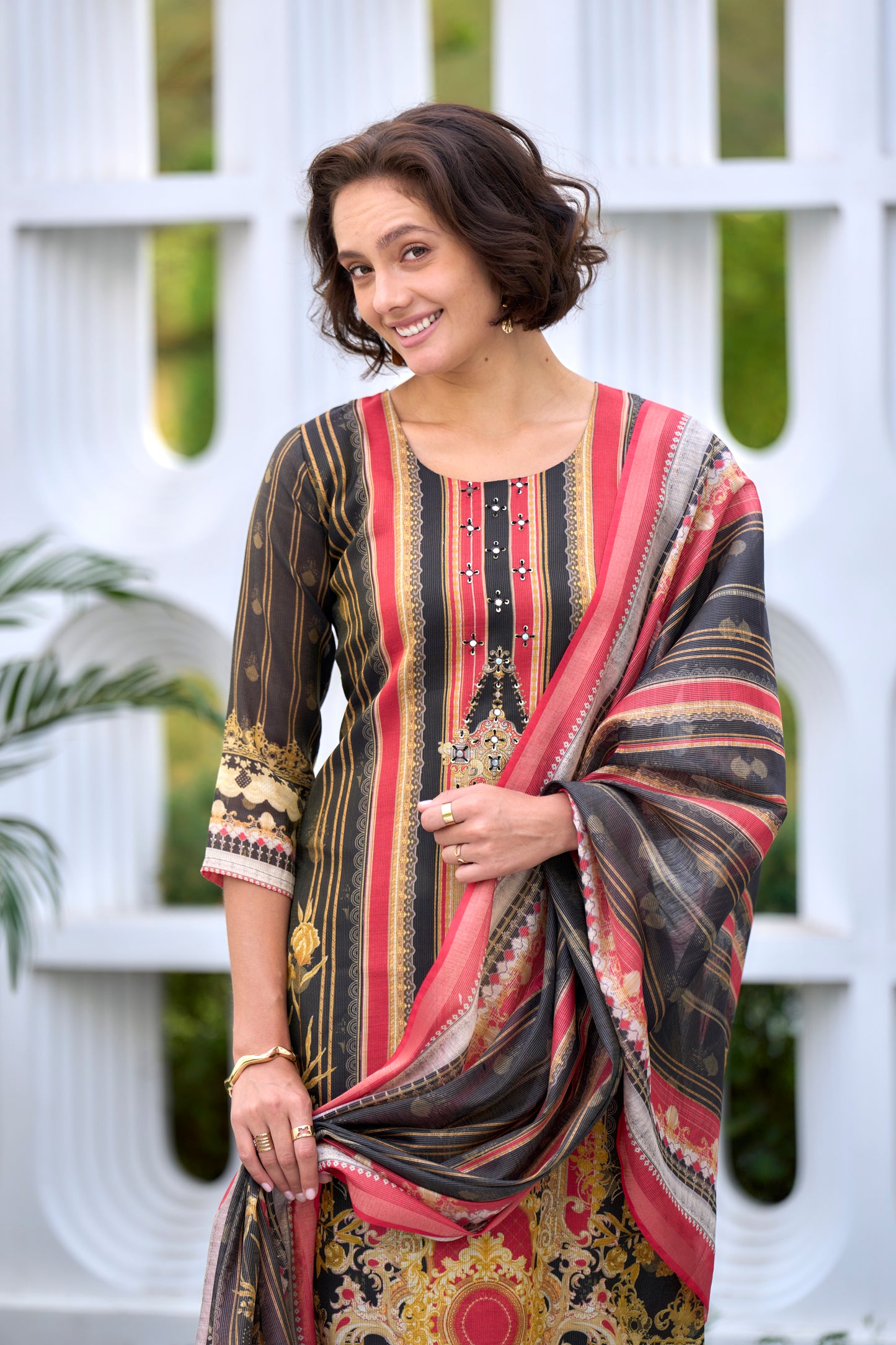 Pure Cotton Pleated A-Line Kurta with Trousers and Dupatta
