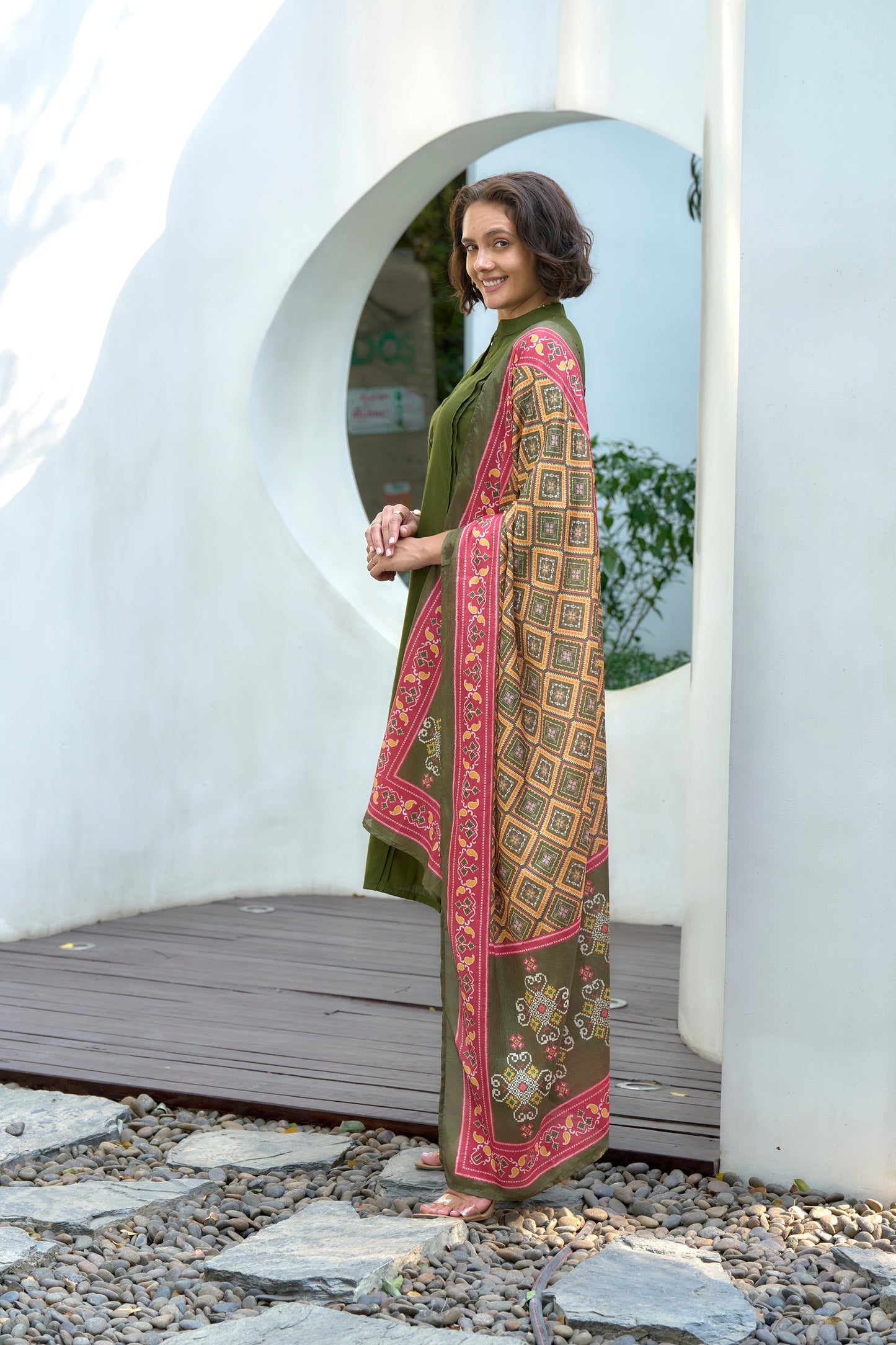 Olive Green Kurta Set with Geometric Printed Dupatta