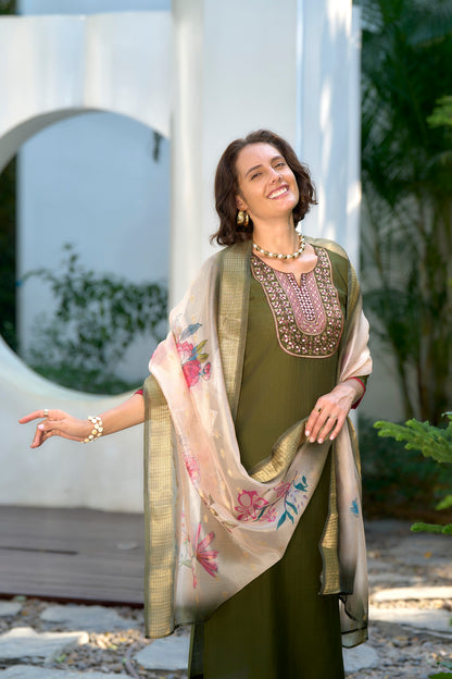 Olive Green Embroidered Kurta Set
