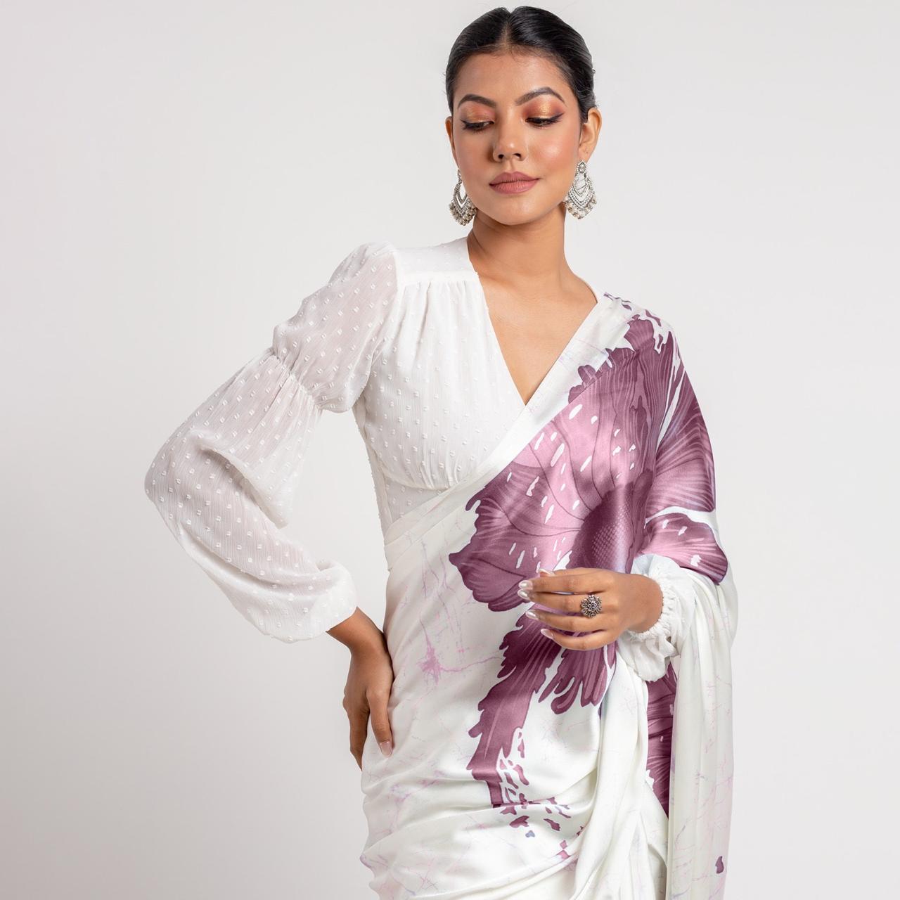 Pure Elegance in White & Green – Modern Floral Saree Look