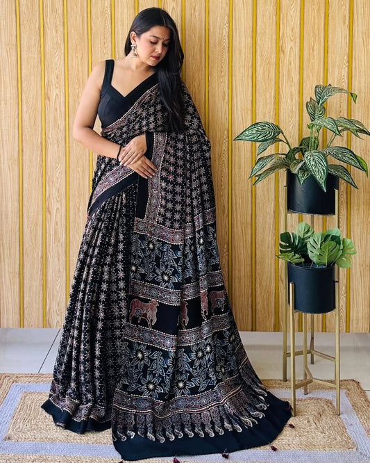 SUPER RICH PURE GAJI SATIN AJRAK SAREE
