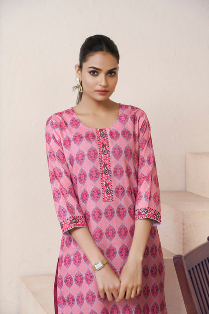 Libas Floral Printed Thread Work Band Collar Cotton Straight Kurta