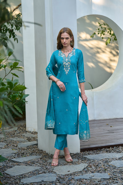 Teal Blue Embroidered Kurta Set