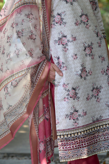 White Printed Cotton Kurta Set