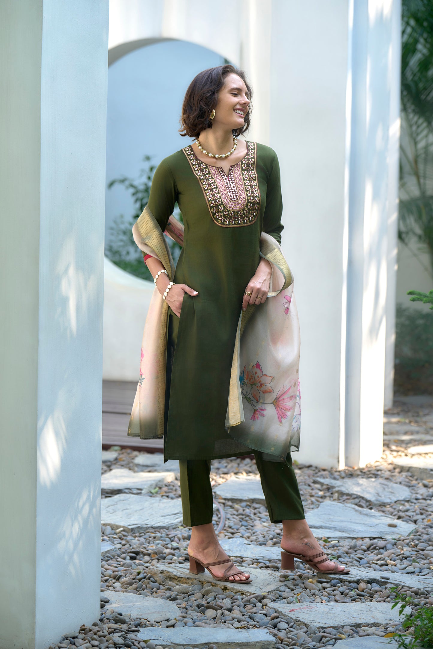 Olive Green Embroidered Kurta Set