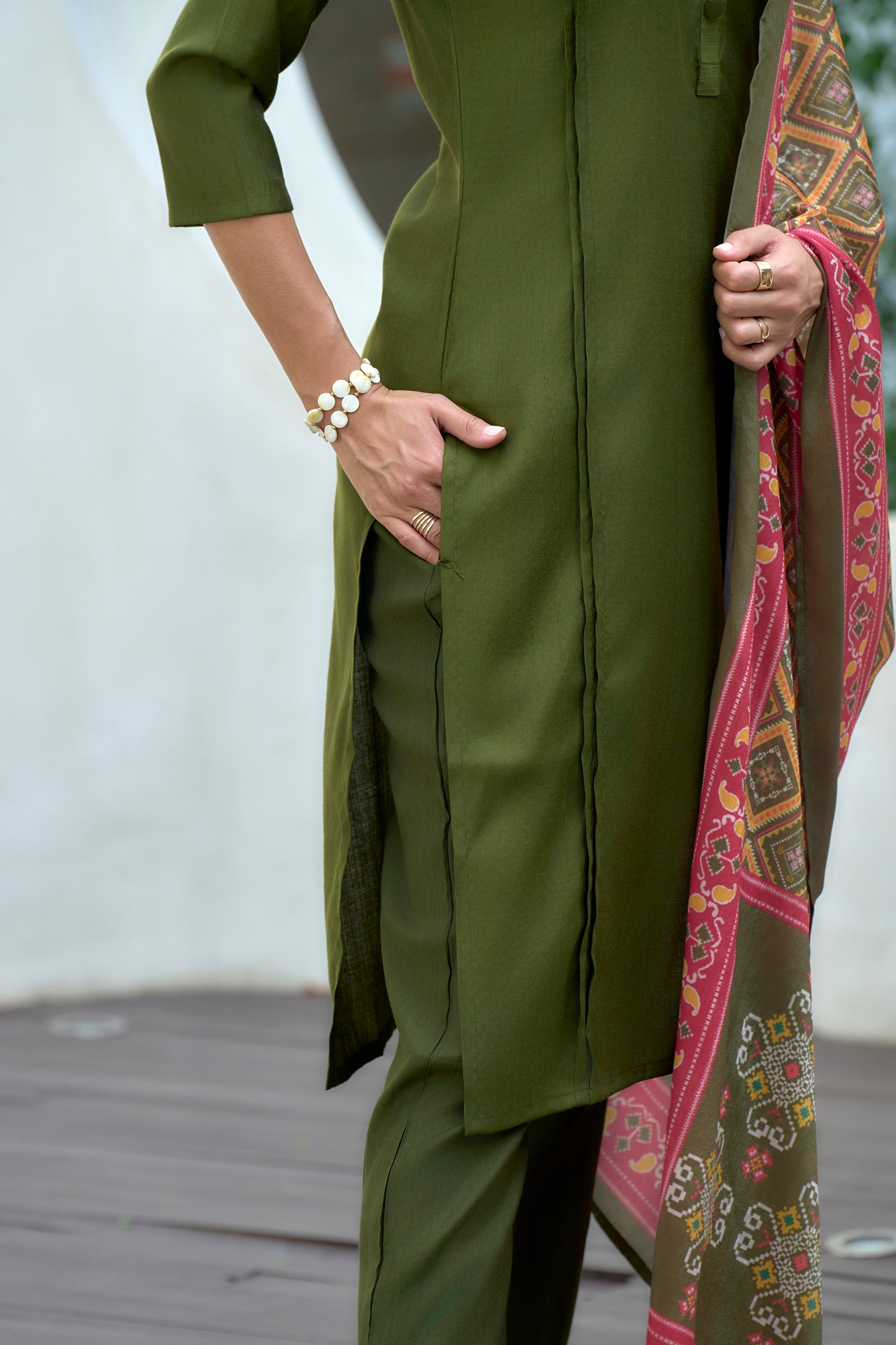Olive Green Kurta Set with Geometric Printed Dupatta