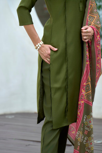 Olive Green Kurta Set with Geometric Printed Dupatta