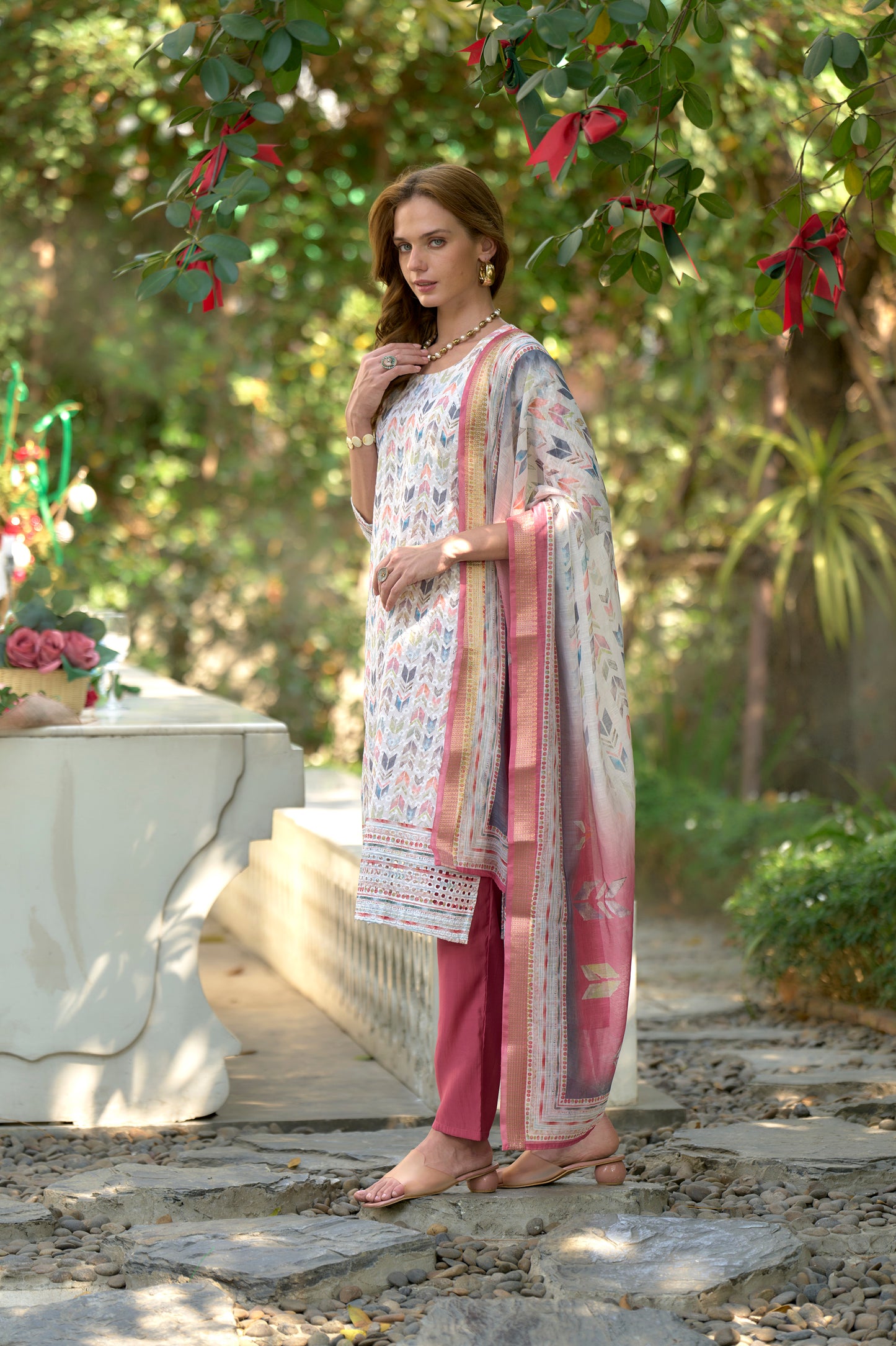 White Printed Cotton Kurta Set