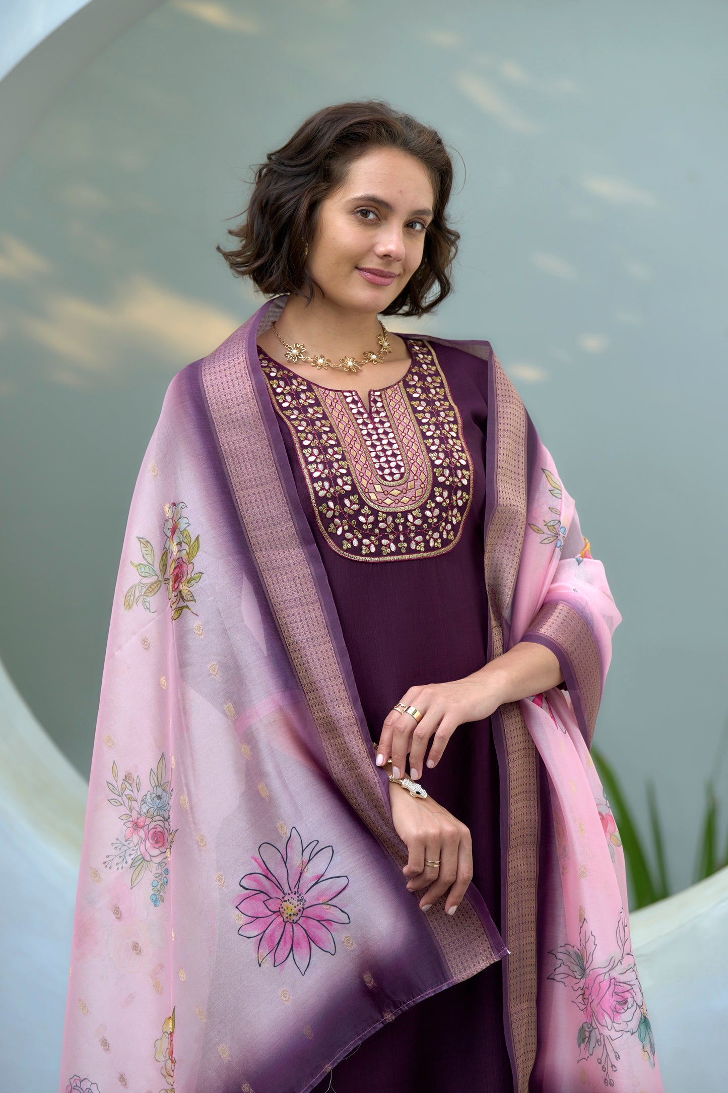 Plum Embroidered Kurta Set