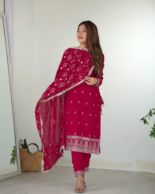 EXQUISITE MAGENTA VICHITRA SILK KURTA SET WITH EMBROIDERED DUPATTA
