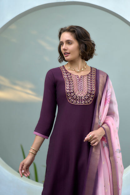 Plum Embroidered Kurta Set