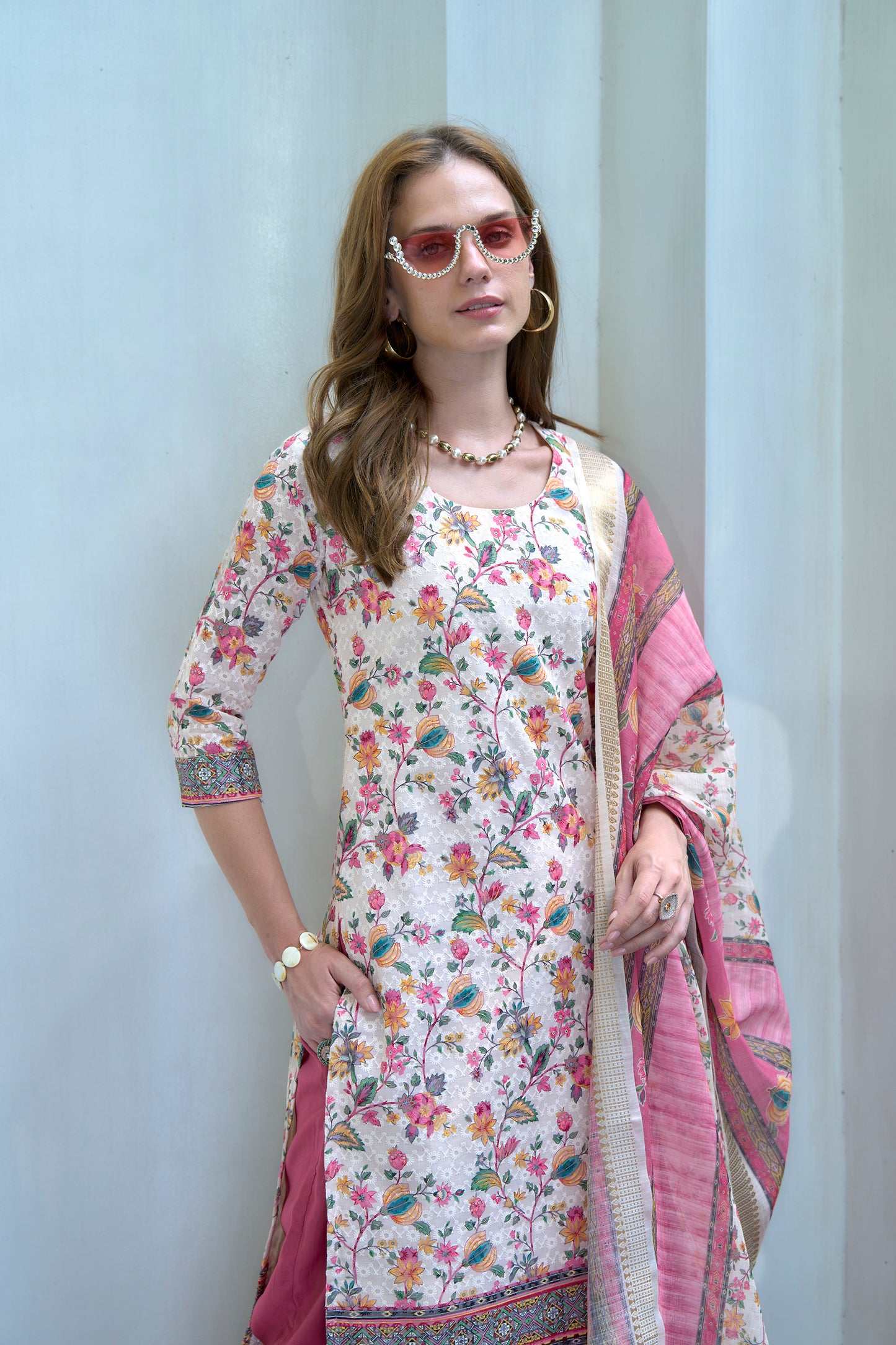 White Printed Cotton Kurta Set